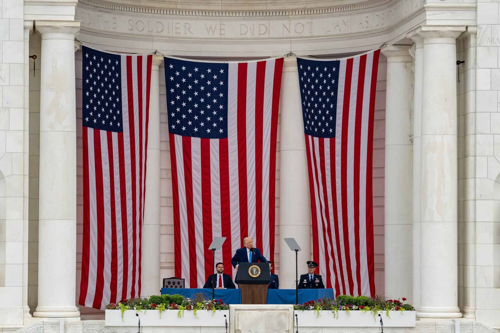 President Donald Trump delivers remarks during a Memorial Day ceremony at Arlington National Cemetery Amphitheater, Monday, May 26, 2025, in Arlington, Virginia. 
