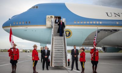 President Donald Trump disembarks Air Force One at Calgary International Airport, Sunday, June 15, 2025, en route to the G7 Summit. (