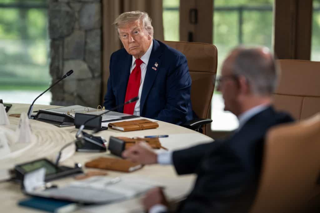 President Donald Trump participates in Session I of the G7 Summit, Monday, June 16, 2025, in Kananaskis, Alberta, Canada. 