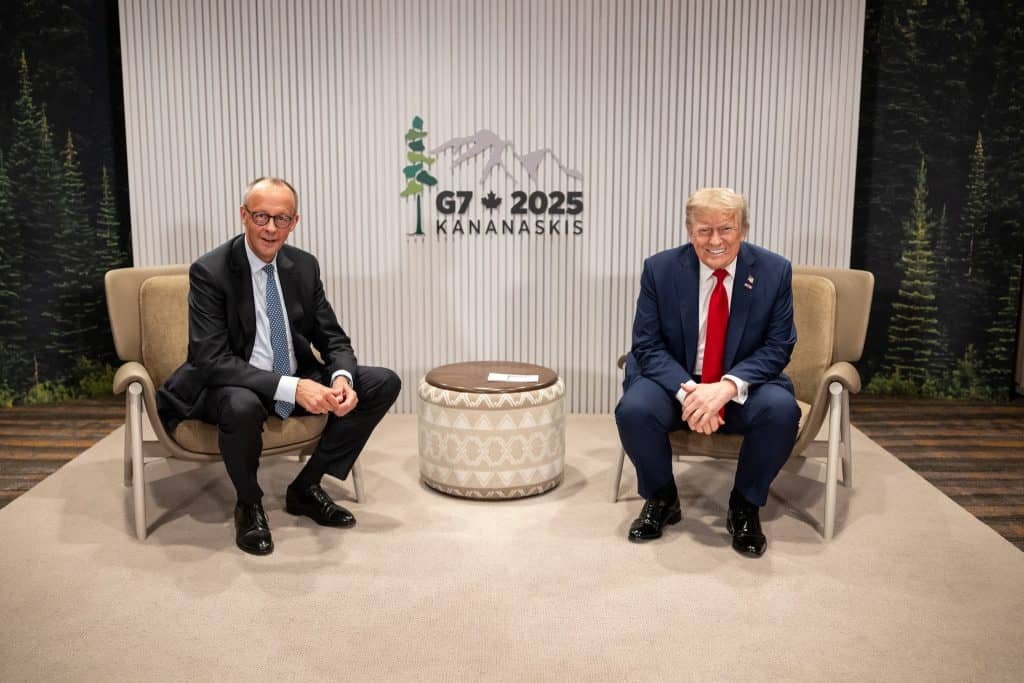 trumpg7merz President Donald Trump meets with German Chancellor Friedrich Merz during the G7 Summit, Monday, June 16, 2025, in Kananaskis, Alberta, Canada.